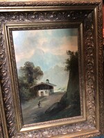Alpesi tájkép, olajfestmény fára. 19. századi, klasszikus romantikus stílusú. Aranyozott keretben…….
