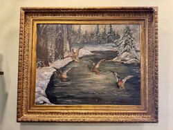 92x76 cm antik olajfestmény Vadkacsák a téli tájban, erdei tavon - Bécsi műkereskedelemből