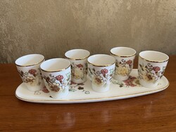 ZSOLNAY PORCELÁN 6 SZEMÉLYES SNAPSZOS, PÁLINKÁS KÉSZLET, PILLANGÓ MINTÁVAL