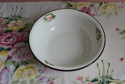 Hollóházi vintage floral enamel basin – white with black rim, 22 cm