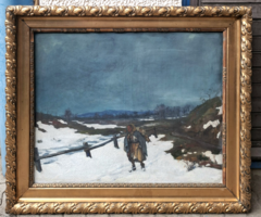 Siligai Ferenc (1873-1924): Téli táj rőzsehordóval - eredeti keretével 120x100 cm! századeleji kép