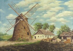 2B718 Horváth M. Signed: Farmyard with Windmill and Well