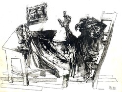 Babos László (1947-): Végrendelet, 1976 - Tus, jelzett, 42x56 cm