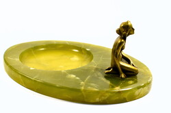 ART DECO BRONZ AKT FIGURÁLIS ZÖLD ÓNIX ÍRÓASZTALI NÉVJEGYKÁRTYATARTÓ