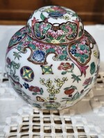 Ritka! Hibátlan Kínai Porcelán Gyömbéres Edény / Váza (Famille Rose, 11 cm)