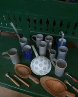 Vintage rural kitchen utensils, aluminum dispensers and wooden spatulas combo