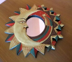 Old Rare Vintage Cosmic Sun and Moon Hand-Carved Wooden Mirror 80s 29.5 cm