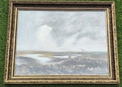Szamosvári József - Alföld (60x80cm) EREDETI Képcsarnokos festmény gémeskúttal - címkével 1855