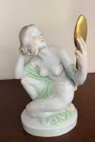 Ritka Antik Herendi porcelán női akt szobor – Tükörbe néző nő, 24 cm (1942)