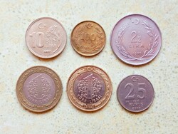 Törökország 6 db Különböző Érme 25 Kurus 1 2 100 10 000 Líra 1970-2022