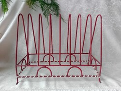 RETRO RED BENT IRON RECORD AND NEWSPAPER HOLDER, MAGAZINE RACK