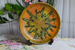 Vintage Retro Ceramic Wall Plate – Abstract Sun Motif, Orange-Green Glaze, 26 cm