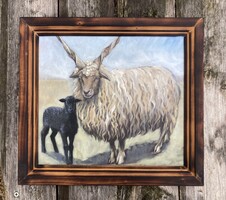 Racka sheep with black lamb 28x31cm