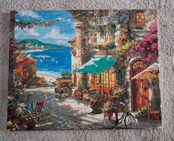 Akril kézzel festett replika (számfestő)  Thomas Kinkade - Kávézó az olasz Riviérá festménye alapján