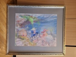 Horváth Éva Mónika: Pihengetők az öbölben, festmény, vegyes technika, látható képméret: 47x60 cm