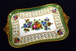 ANTIK FRANCIA LIMOGES JACQUES DUMONT KÉZZEL FESTETT PORCELÁN TÁLCA RÉZ FOGANTYÚKKAL