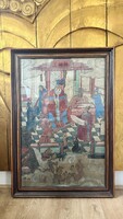 Hatalmas antik vászonra kézzel festett kínai festmény, keleti, ázsiai, japán
