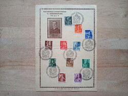 1943 Horthy kormányzó 75 éves emléklap alkalmi bélyegzés sok bélyeggel 2