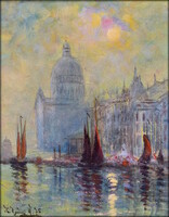 XX. sz. olasz festő :  VELENCEI LÁTKÉP A SANTA MARIA DELLA SALUTE BAZILIKÁVAL (1975)