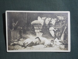 Képeslap,Eugène Claude grafika,művészet,csendélet,vadász zsákmány,róka,fácán,1905-