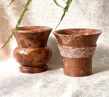 Hand-turned red limestone (red marble) vase pair from Dorozma, Tardos, with stock