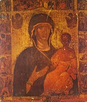 2B812 Antik bizánci stílusú Panagia Hodegetria freskó másolat fatáblán 32 x 27 cm