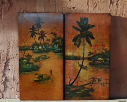 Lakkfestmény fatáblán, 2db (Diptichon) Készítő:Dong Sanh - Indokína, ﻿kb. 1950-1960 méret: 30x60 cm.