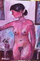 Festmény (A-32) - BÁNFI : NŐI AKT (olaj, karton, 35 x 50  cm)