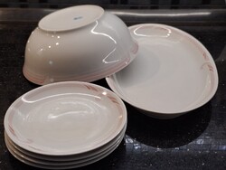 Retró Alföldi porcelán készlet (kínálók + sütis tányérok) – Rózsaszín sávos dekorral