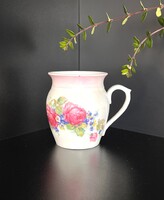 Vintage rózsás-nefelejcses mintájú porcelán tejescsupor / hasas bögre rózsaszín peremmel