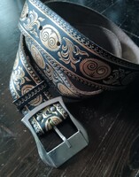Vintage Black Leather Belt with Gold Pattern, 104 cm