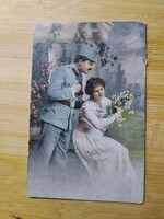 Antik romatikus lap, katona és hölgy, nő, társaságában, 1921-ből
