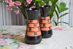 Vintage retro kerámia váza pár – fekete terrakotta, geometrikus mintával, 12 cm