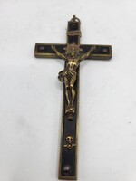 Régi bronz Golgota-feszület – koponyás Memento Mori kereszt, 15 cm