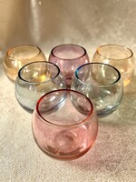 Retro irizáló színes ‘roly-poly’ üveg gömb feles pohár készlet vitrin állapotban 1970’ Calbuto?