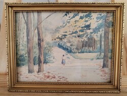 Szép kis akvarell téli tájkép festmény 26x20 cm kerettel