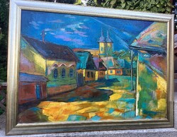 Nagybányai utcakép templomtoronnyal szignózott gyönyörű alkotás!Azonnal falra akasztható állapotban!