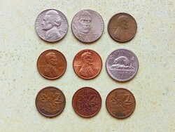 USA and Canada 9 Different Coins 1 and 5 Cents 1962-2015