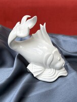 HAL SZOBOR,  FEHÉR, JELZETT HERENDI PORCELÁN ÁLLAT FIGURA 14 CM