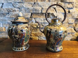 Különleges Qianlong jelzésű keleti porcelán szett: fém rátétes kancsó és díszedény reprodukció