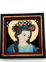 Miniatűr kézzel festett üvegikon fa keretben – Szűz Mária / Szent ábrázolás (8,5 x 8,5 cm)