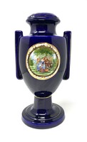 Hollóházi signed cobalt blue porcelain urn vase painted with romantic scene (31cm)
