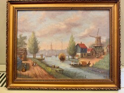 Olajfestmény, Folyóparti életkép szélmalommal és emberalakokkal 47 x 38 cm