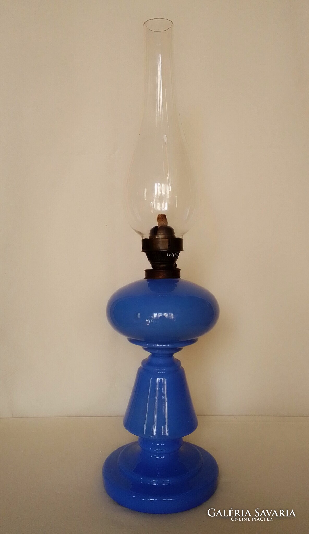 Beautiful, huge, antique purple blue milk glass kerosene lamp, huta