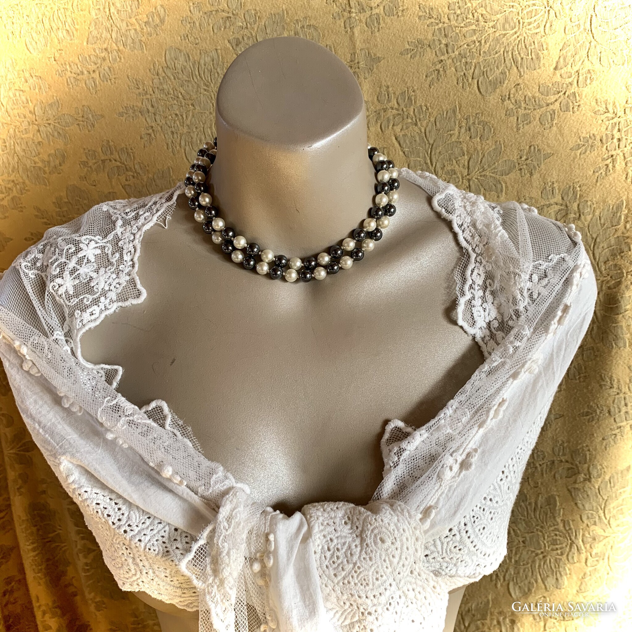 Vintage pearl and hematite mineral necklace long gemstone