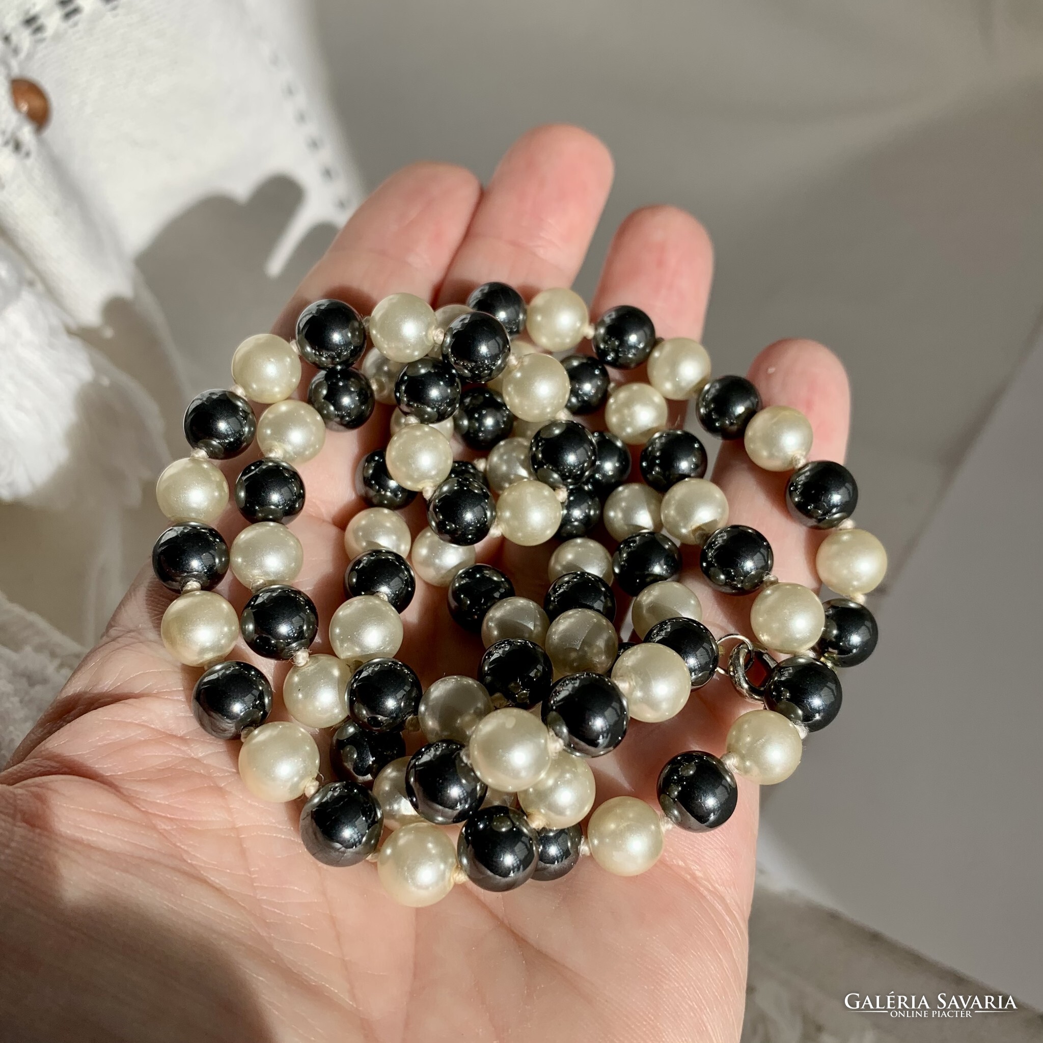 Vintage pearl and hematite mineral necklace long gemstone