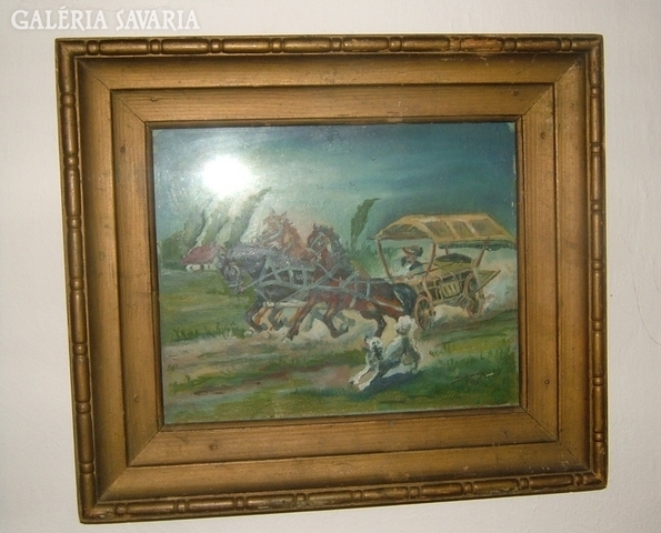 Antique marked oil/wood painting: car chased by a dog - unknown artist - signed