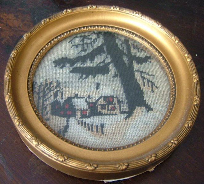 Antique needle tapestry - landscape in an antique round frame - tipoen
