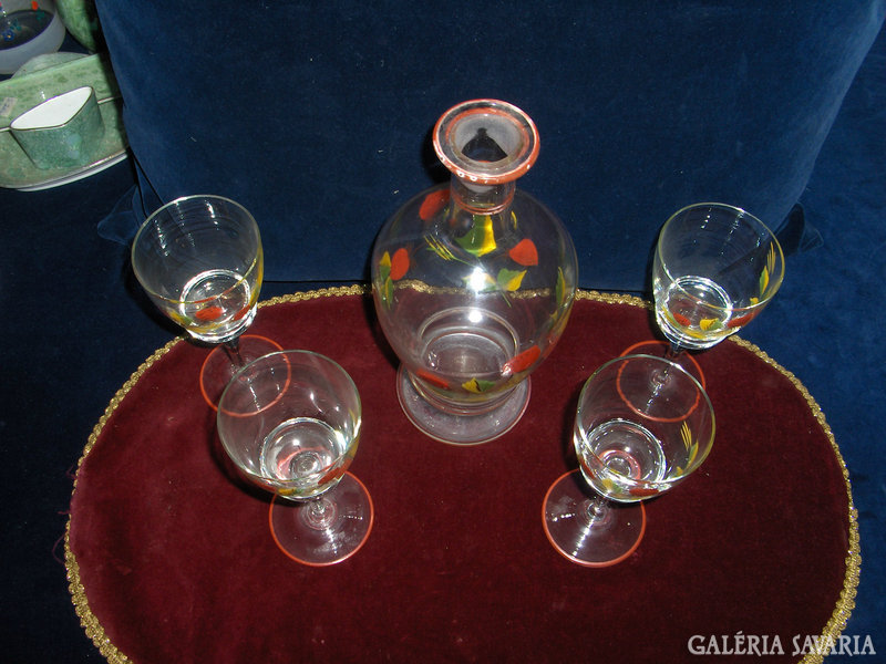 Old hand-painted strawberry wine set - one carafe, four glasses