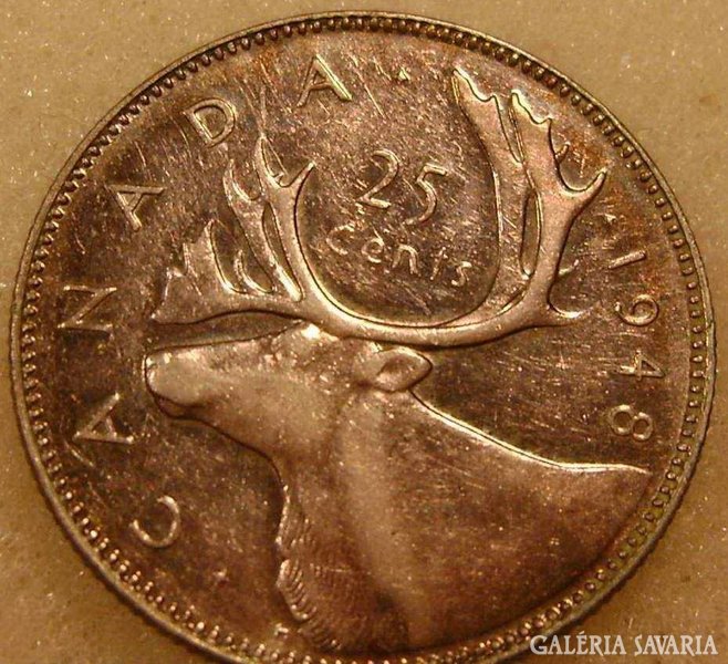 Kanada 25 cents 1948 Ag RITKA !!!